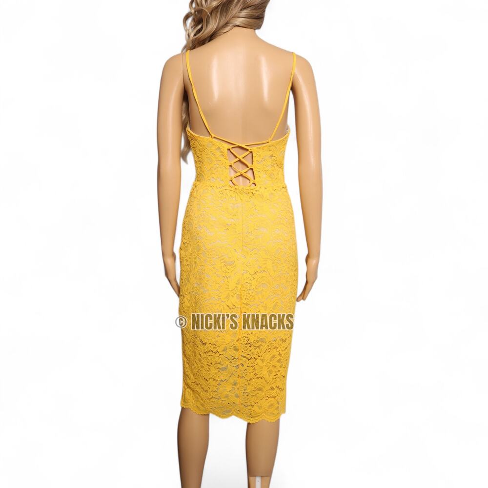 Material Girl Golden Yellow Lace Midi Dress Lace Up Back Asymmetrical Hem Size M - Picture 4 of 9